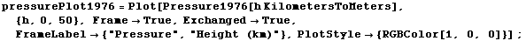 pressurePlot1976 = Plot[Pressure1976[h KilometersToMeters], {h, 0, 50}, Frame -> True, Exch ... abel -> {"Pressure", "Height (km)"}, PlotStyle -> {RGBColor[1, 0, 0]}] ;